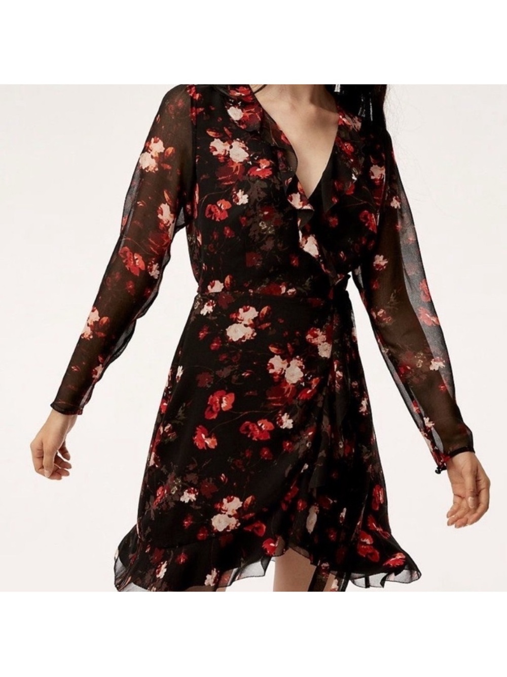 Wilfred Black Floral Long-Sleeve Wrap Dress
